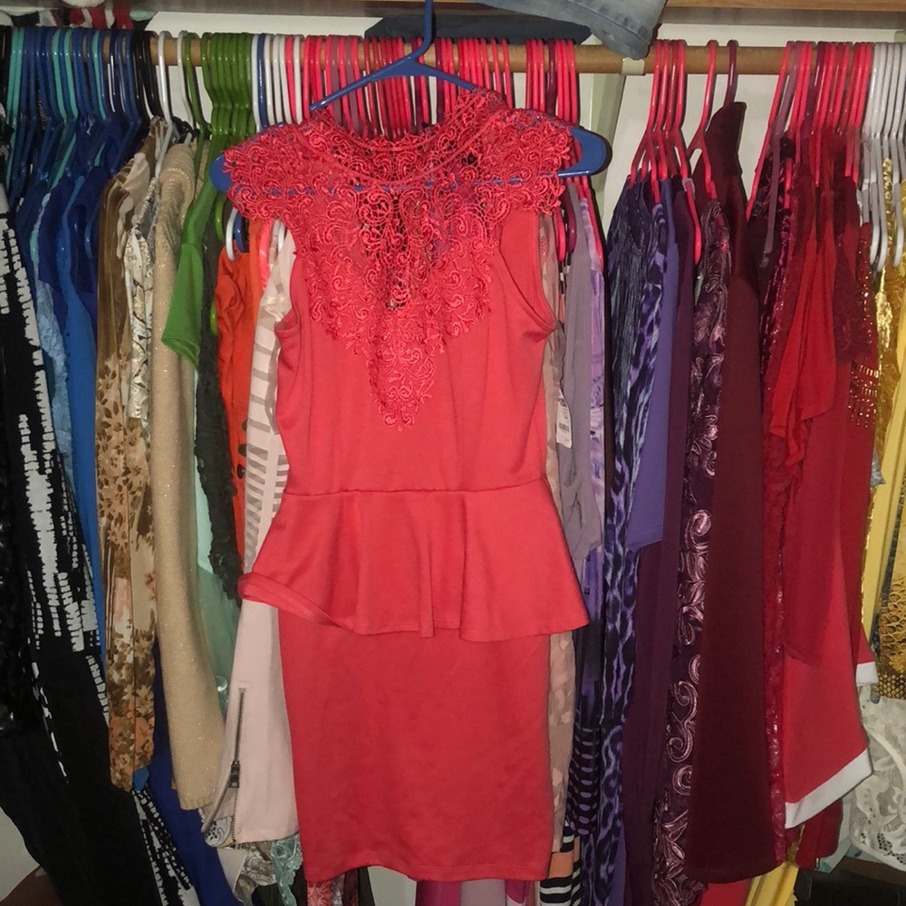 Coral Lace Peplum Sleeveless Charlotte Russe Dress